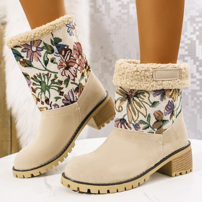 SELLEX™-Flowers Embroidered Snow Boots Ethnic Style Platform Thick Square Heel Mid-tube Boot Winter Warm Cotton Shoes For Women.