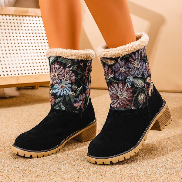 SELLEX™-Flowers Embroidered Snow Boots Ethnic Style Platform Thick Square Heel Mid-tube Boot Winter Warm Cotton Shoes For Women.