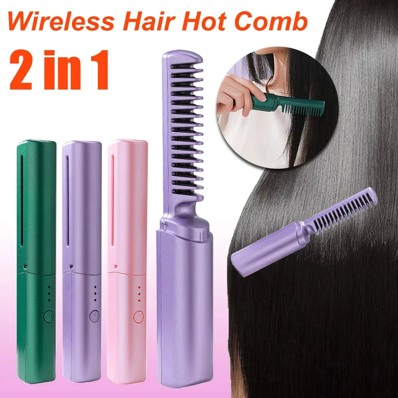 Professional Wireless Hair Straightener Curler Comb Fast Heating Negative Ion Straightening Curling Brush Hair Styling.