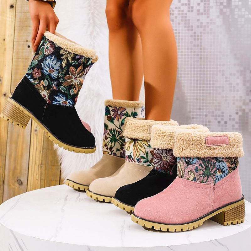 SELLEX™-Flowers Embroidered Snow Boots Ethnic Style Platform Thick Square Heel Mid-tube Boot Winter Warm Cotton Shoes For Women.