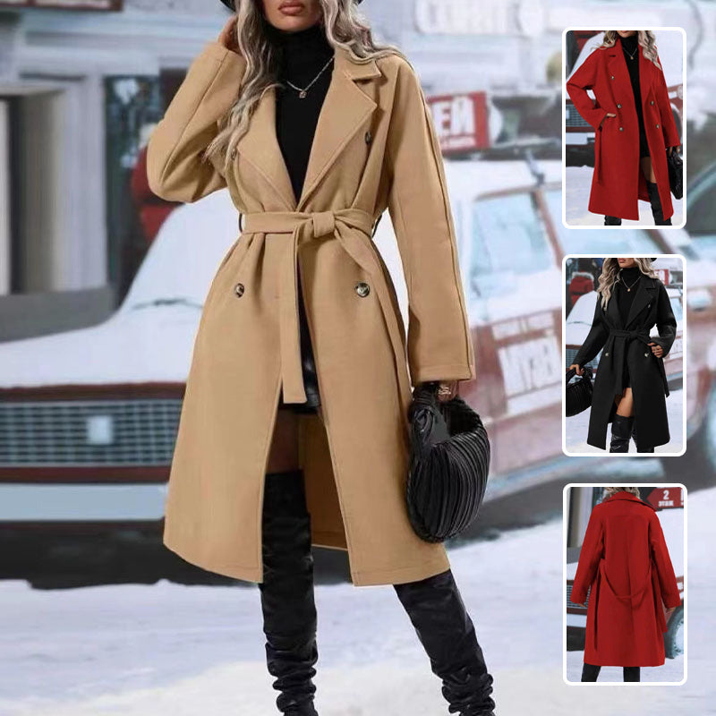 SELLEX™-Lapel Double-breasted Trench Coat With Belt Winter Fashion Solid Colour Long Jacket Outwear Women.